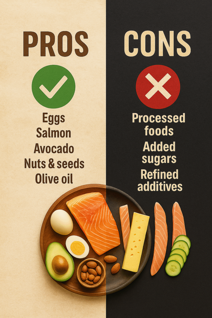 Infographic showing pros and cons of food choices: eggs, salmon, avocado, nuts, and olive oil as healthy options versus processed foods, added sugars, and refined additives as unhealthy options.