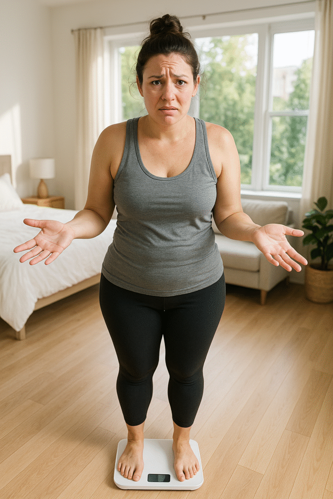 Woman standing on a scale with a frustrated expression, representing a weight loss plateau....... avoid weight loss plateau 