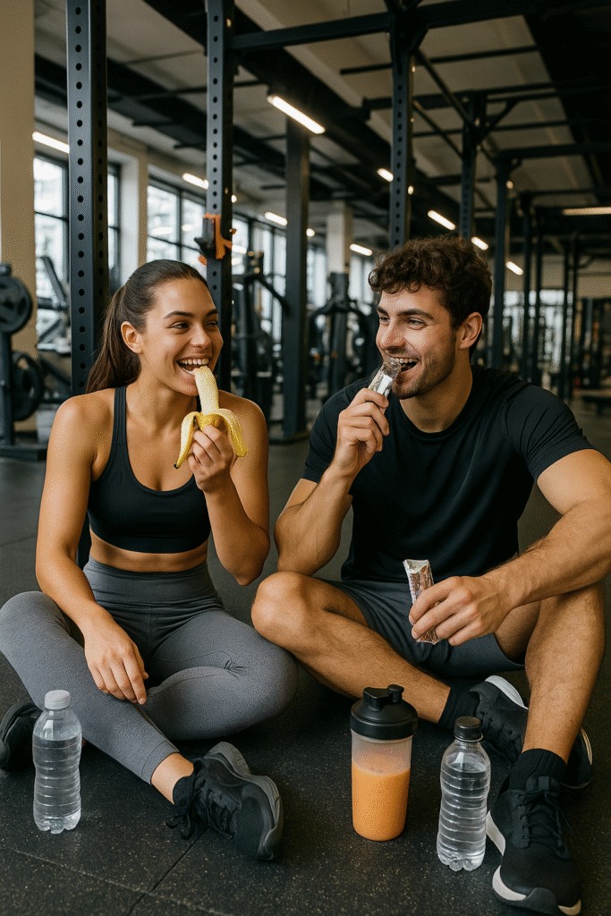 Man and woman sitting in a gym eating healthy snacks after a workout, including a banana, protein bar, and water. Best Foods Before Workout