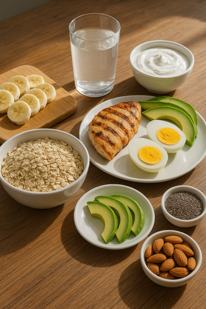 Healthy balanced meal with grilled chicken, boiled eggs, avocado, oats, almonds, banana slices, chia seeds, yogurt, and water on a wooden table.