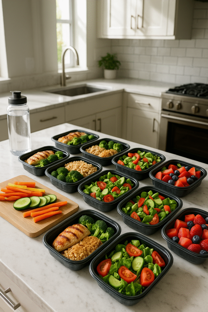 Healthy meal prep for beginners with containers of grilled chicken, brown rice, broccoli, fresh salads, cucumbers, carrots, and mixed berries on a kitchen counter.