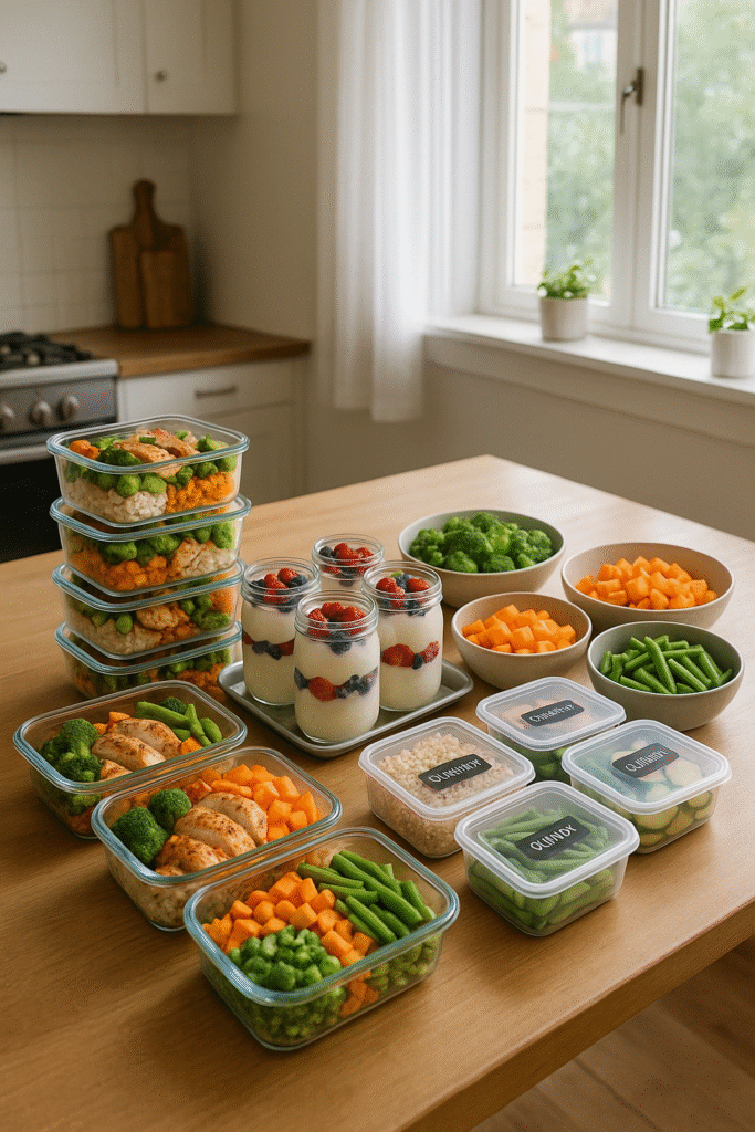 Healthy meal prep containers with grilled chicken, rice, broccoli, carrots, green beans, and yogurt parfaits on a wooden kitchen table.