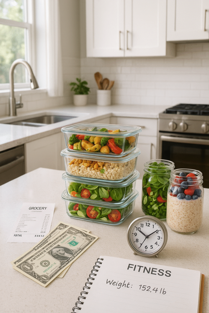 Stacked glass meal prep containers with vegetables, rice, oatmeal jars topped with berries, grocery receipt, money, clock, and a fitness notebook on a modern kitchen counter.