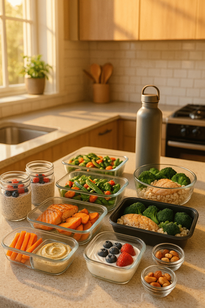 Meal prep containers with salmon, roasted sweet potatoes, broccoli, mixed vegetables, chia pudding with berries, yogurt with fruits, almonds, carrots with hummus, and a water bottle on a kitchen counter.