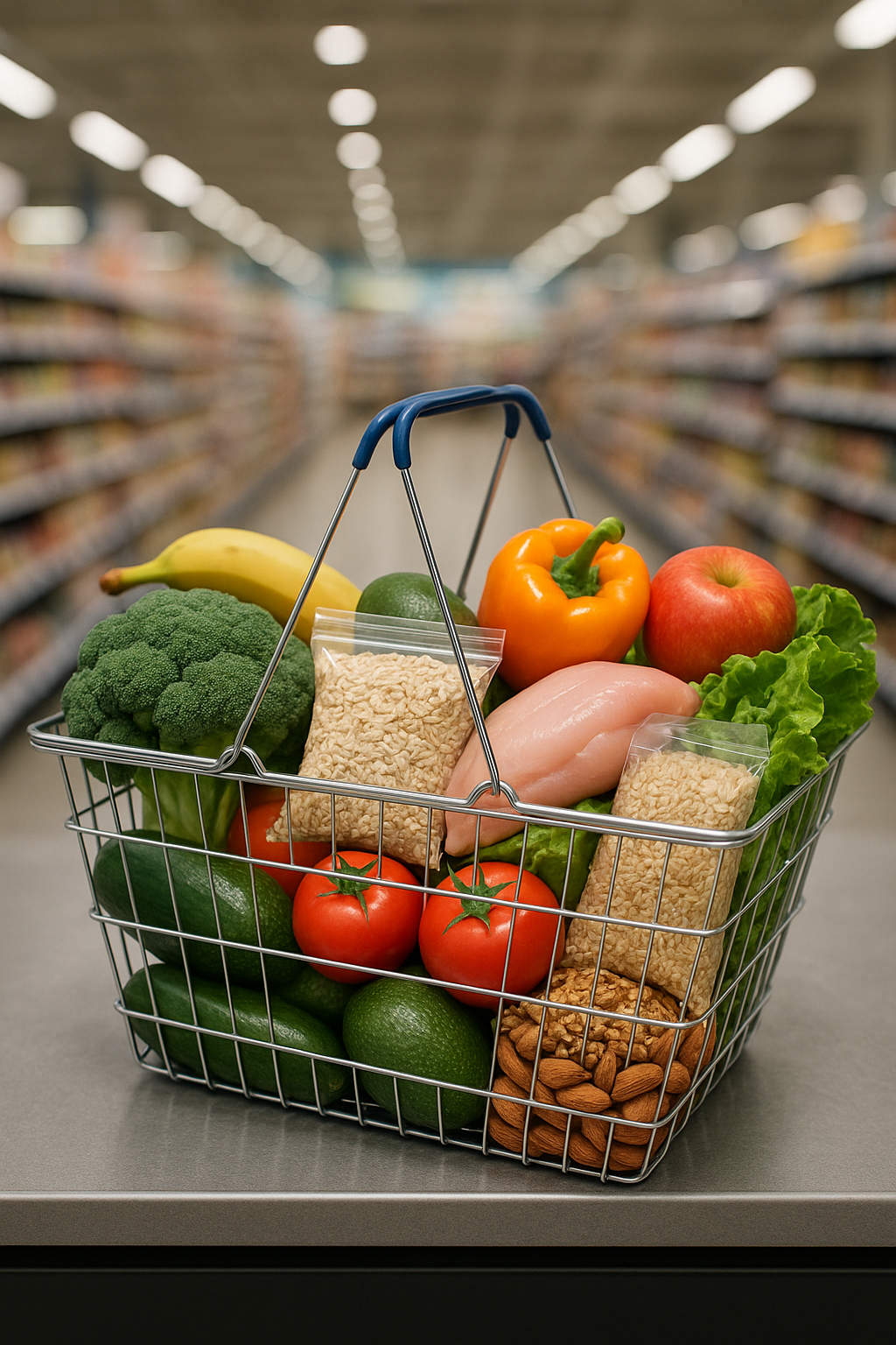 Metal shopping basket filled with healthy groceries including fresh vegetables, fruits, chicken breast, brown rice, almonds, avocado, broccoli, bananas, bell pepper, tomatoes, and lettuce in a supermarket aisle. Grocery List for Fat Loss