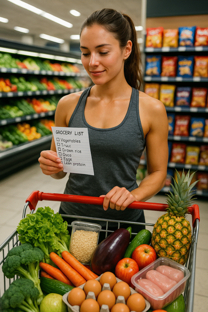 Woman holding a healthy grocery list while shopping with a cart filled with fresh vegetables, fruits, brown rice, eggs, and lean chicken breast in a supermarket produce aisle.