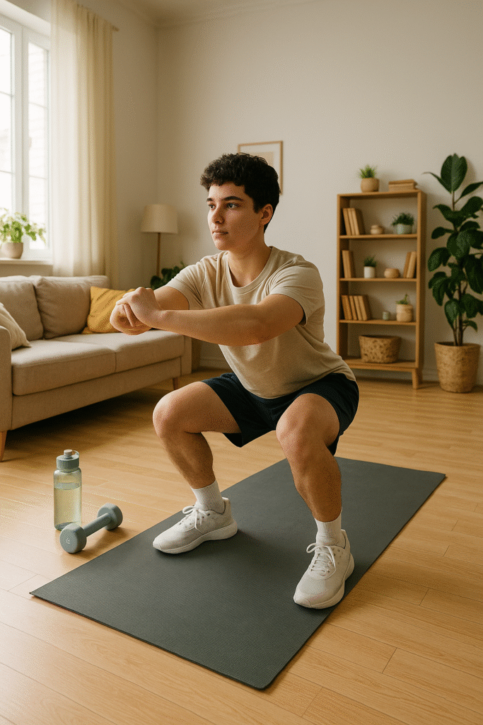 A young man performing squats on a yoga mat at home with a water bottle and dumbbell nearby, part of a beginner’s home workout plan.
