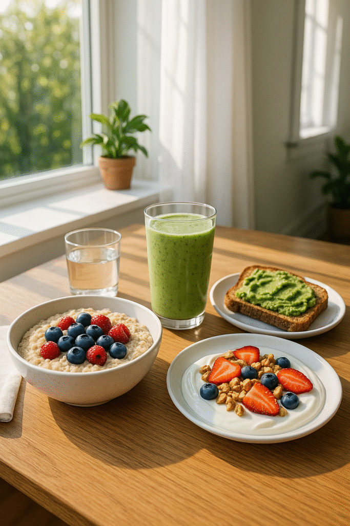 A nutritious breakfast spread including oatmeal topped with berries, a green smoothie, yogurt with granola and strawberries, avocado toast, and a glass of water on a wooden table by the window fat-fighting breakfasts