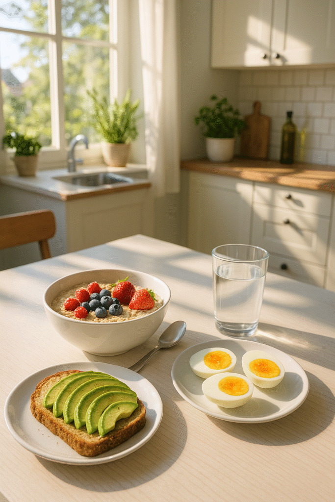 A balanced breakfast featuring oatmeal topped with fresh berries, avocado toast, soft-boiled eggs, and a glass of water on a bright kitchen table.