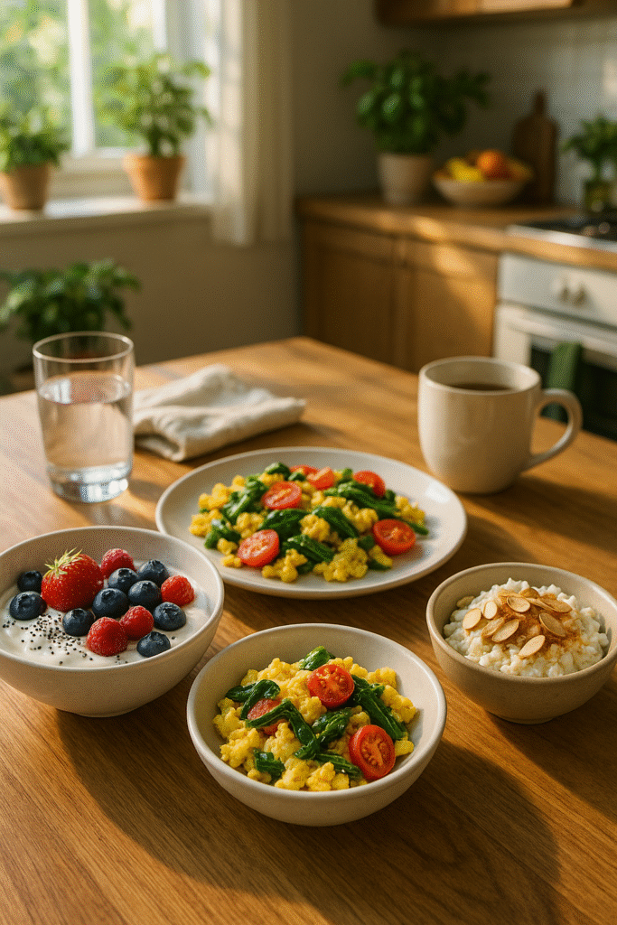 A healthy breakfast spread with scrambled eggs, sautéed greens, cherry tomatoes, Greek yogurt topped with fresh berries and chia seeds, cottage cheese with almonds, a glass of water, and a cup of coffee.
