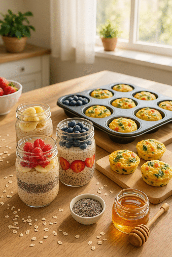 Healthy breakfast meal prep with overnight oats in jars topped with fresh fruits, chia seeds, honey, and egg muffins on a wooden kitchen table.
