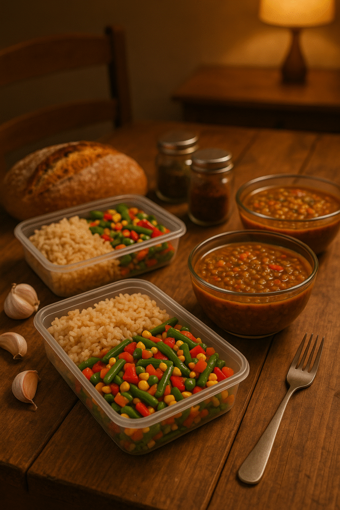 Meal prep containers with brown rice, mixed vegetables, lentil soup, and fresh bread on a wooden table