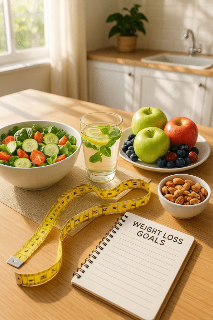 Healthy breakfast setup with fresh salad, fruits, almonds, lemon water, measuring tape, and a weight loss goals notebook on a wooden table Natural Appetite Suppressants