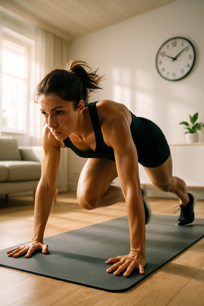 Woman doing mountain climbers on a yoga mat during an intense home workout