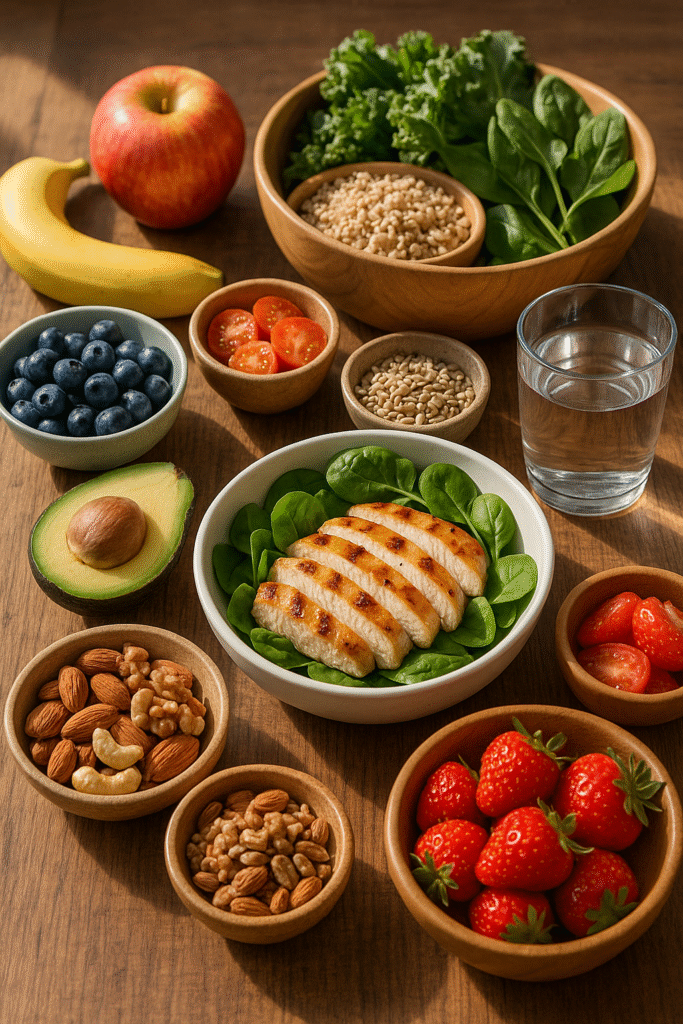 Clean eating meal with grilled chicken, fresh fruits, vegetables, nuts, and whole grains on a wooden table.