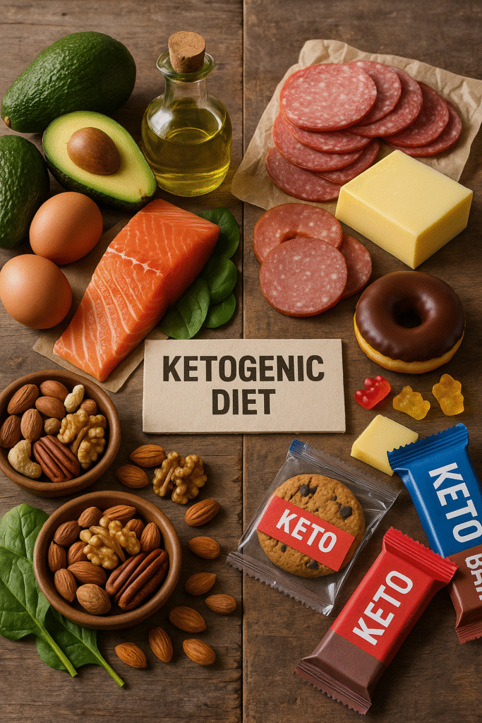 Healthy keto diet foods including avocado, salmon, cheese, eggs, and nuts arranged on a wooden board