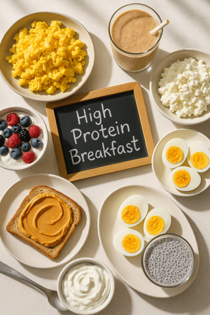 High protein breakfast spread with eggs, Greek yogurt, chia pudding, and smoothie on a bright morning table.