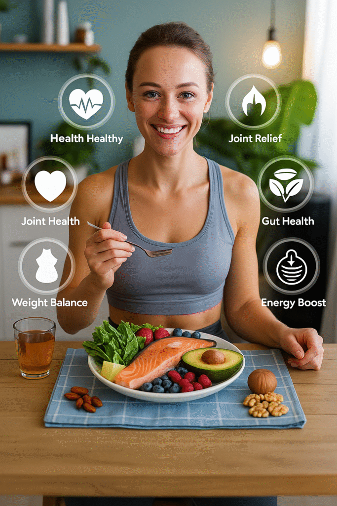 Smiling woman in workout clothes sitting at a table with a healthy meal of salmon, avocado, berries, nuts, and greens, highlighting benefits like heart health, joint support, gut health, weight balance, and energy boost. Anti-Inflammatory Foods