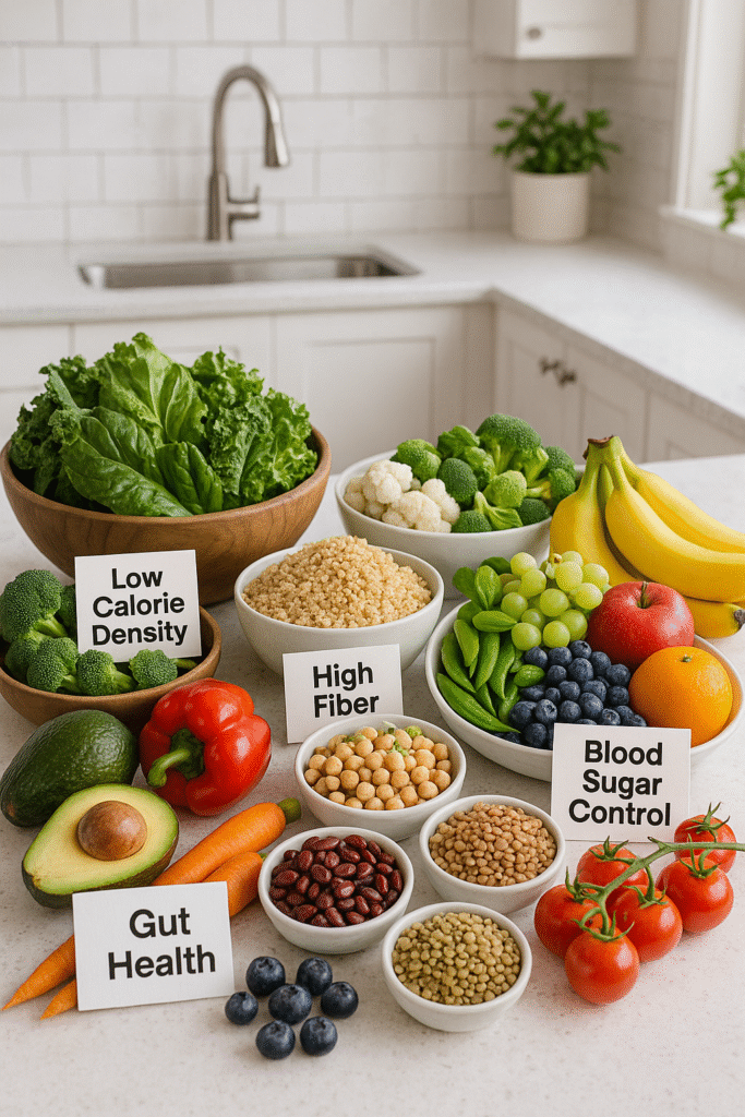 Assorted fresh fruits, vegetables, whole grains, and legumes labeled with health benefits like low calorie density, high fiber, gut health, and blood sugar control.