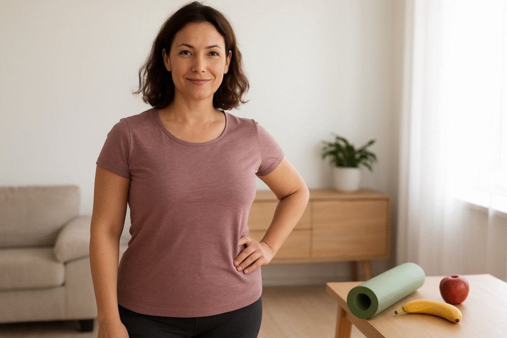 A confident middle-aged woman standing at home with a yoga mat and fresh fruits on the table, symbolizing healthy lifestyle and fitness for women over 40.β