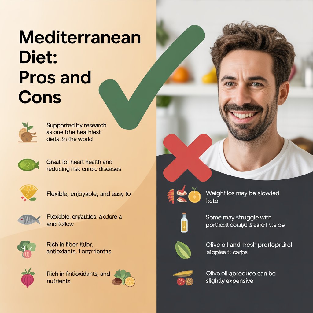 Mediterranean diet infographic showing pros like heart health, nutrients, and flexibility, and cons such as slower weight loss, portion control issues, and higher cost
