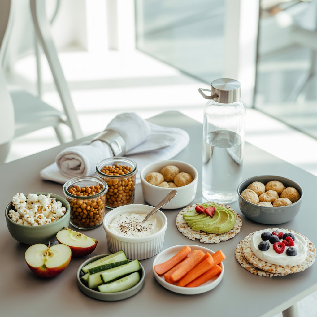 Assorted low-calorie snacks including apple slices, cucumber, carrots, yogurt with berries, chickpeas, popcorn, rice cakes with avocado, and a bottle of water.