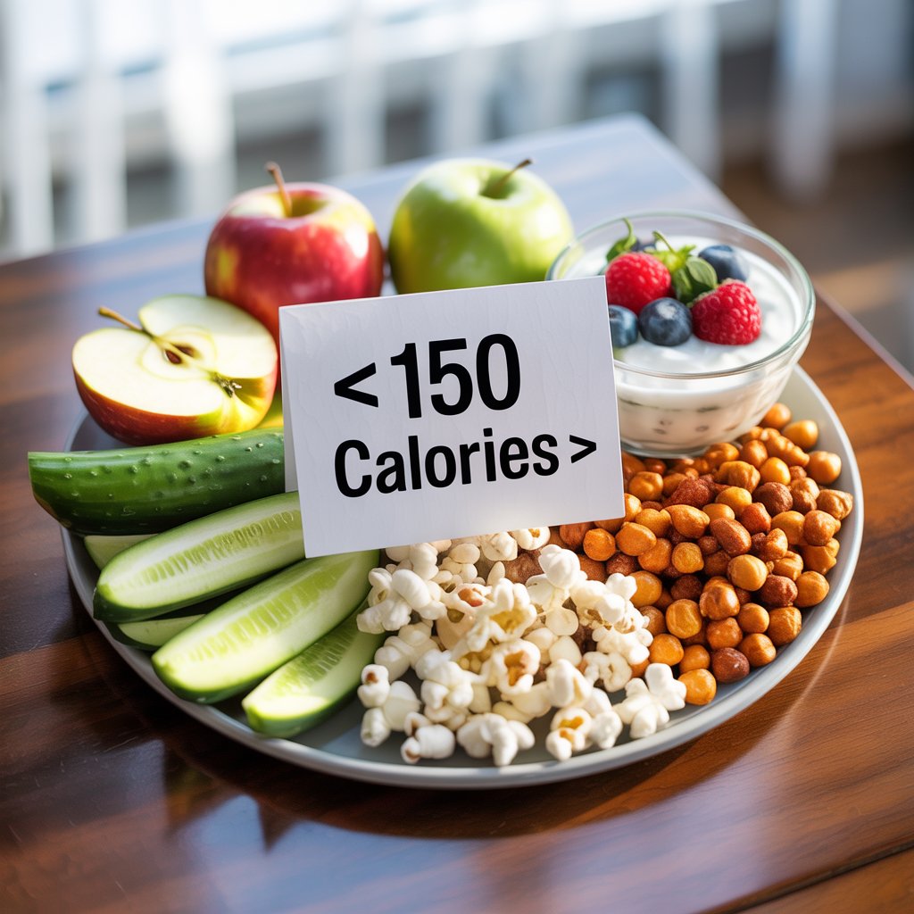 Plate of low-calorie snacks under 150 calories including apple slices, cucumber, yogurt with berries, popcorn, and roasted chickpeas with a calorie sign.