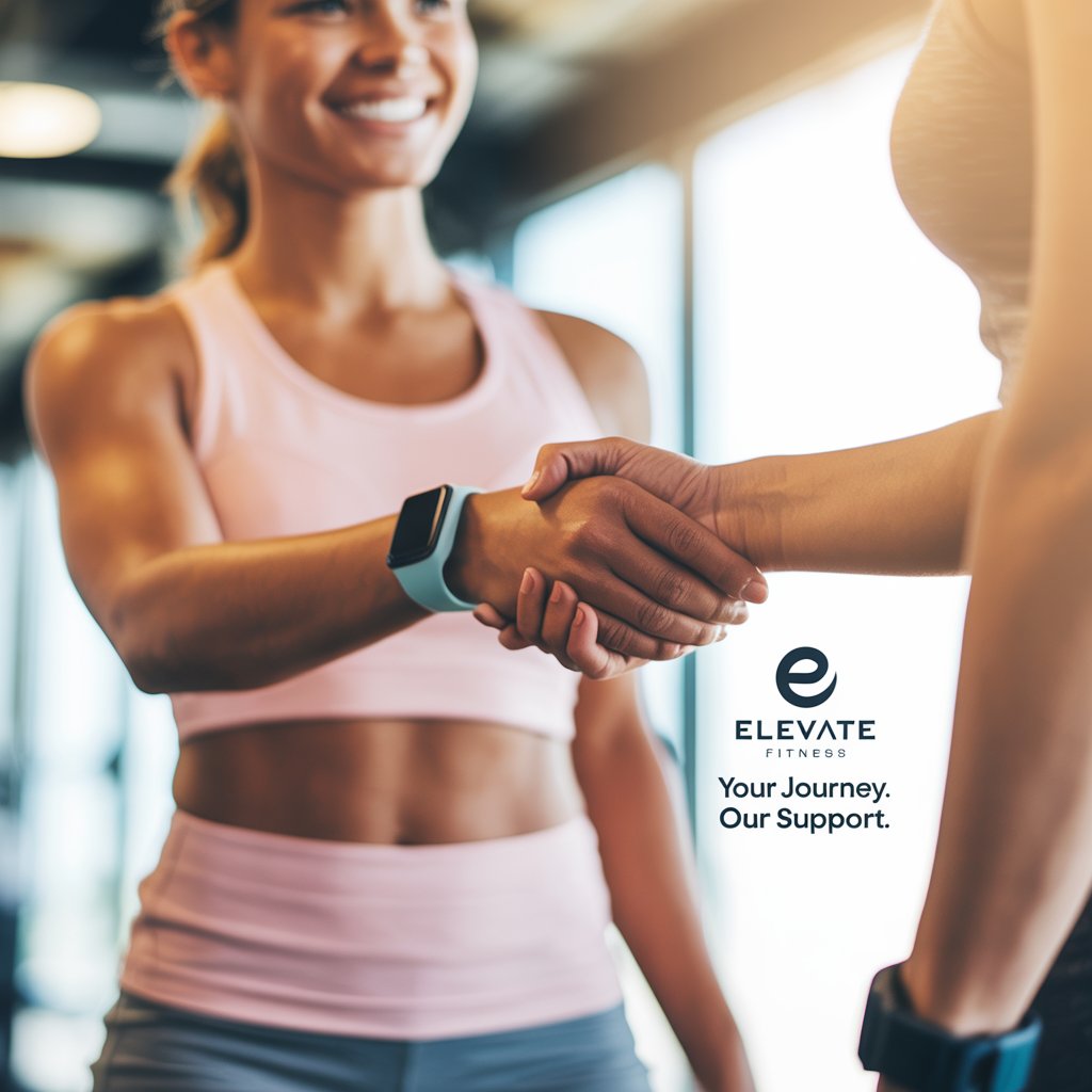 Close-up of two women in workout attire shaking hands at a gym, symbolizing support and partnership, with the Elevate Fitness logo and the tagline "Your Journey. Our Support."