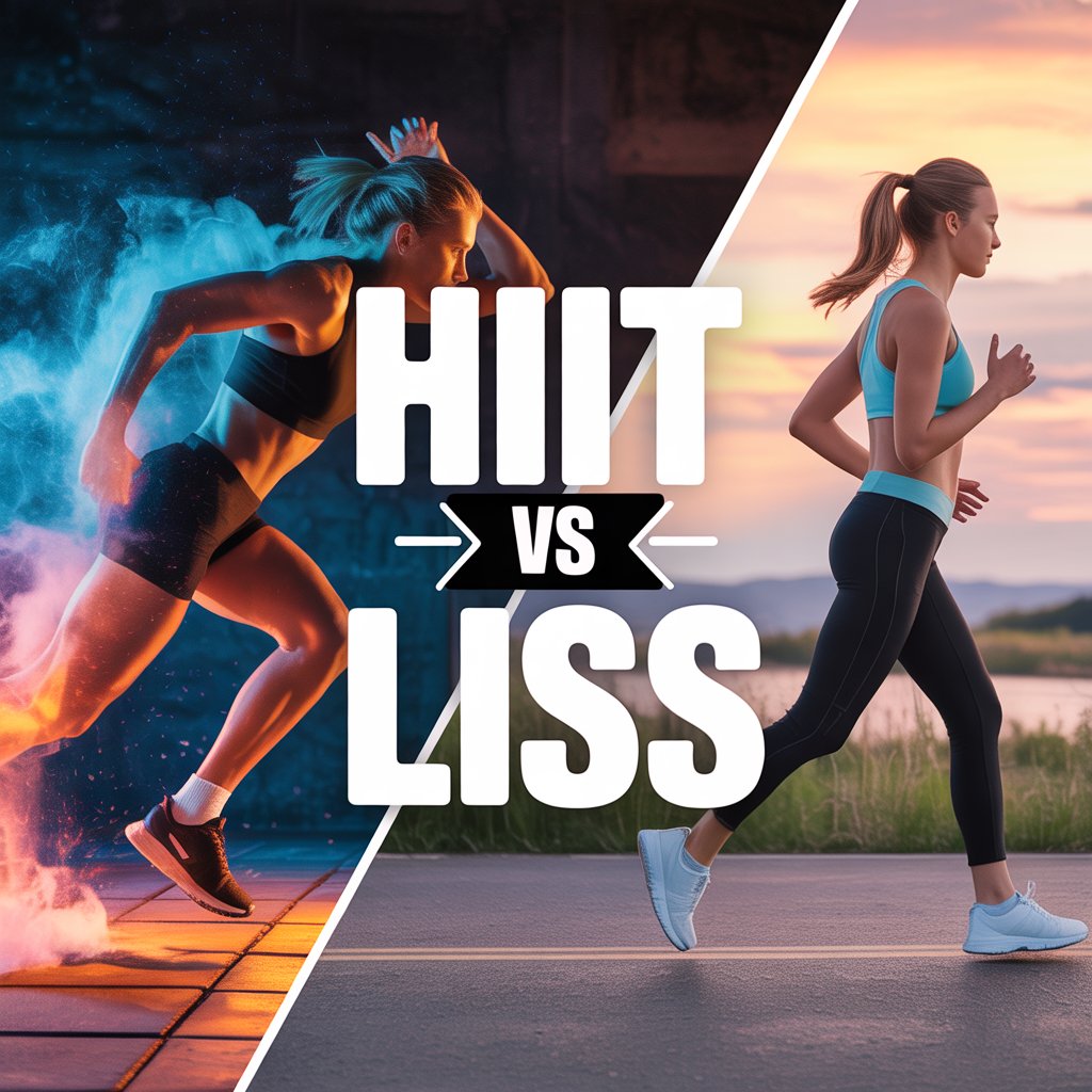 Split-screen image comparing HIIT and LISS workouts: a woman sprinting in an intense HIIT session on the left and another woman jogging outdoors at sunset representing LISS on the right.