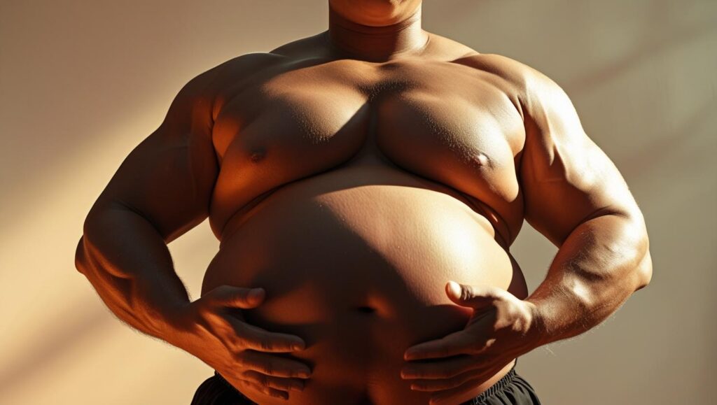 a fat person is holding his stomach