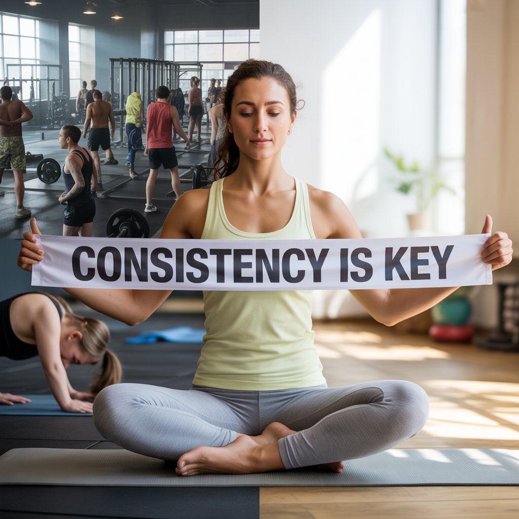 “Split-screen image showing a gym with people lifting weights on one side and a woman practicing yoga at home on the other, holding a banner that reads ‘Consistency is Key.’”
