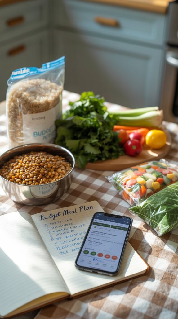 Fresh vegetables, lentils, pasta, and frozen produce on a kitchen table with a notebook labeled “Budget Meal Plan” and a smartphone displaying recipes.