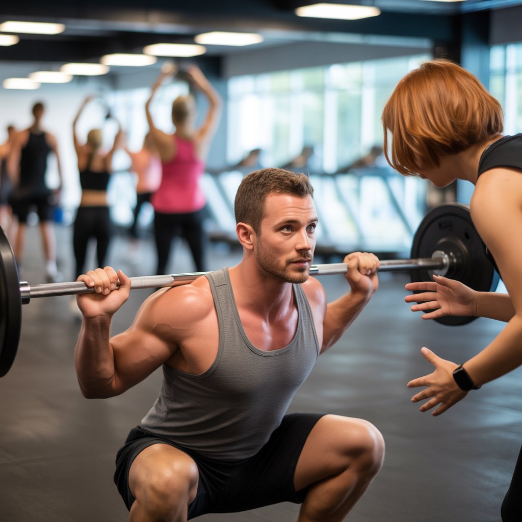 A focused man lifting a barbell during a squat in a modern gym while receiving guidance from a personal trainer. Gym vs Home Workout”
