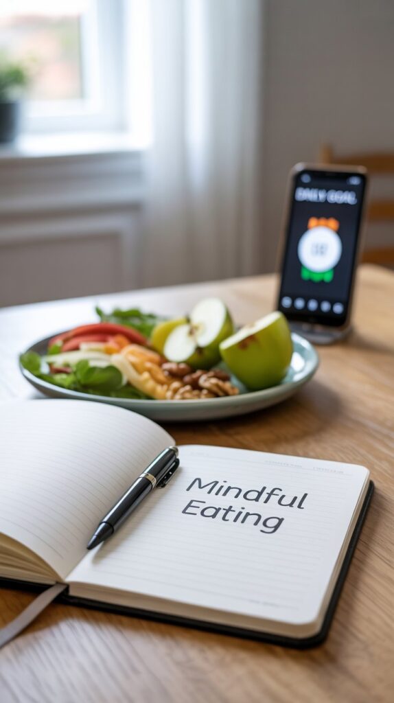 Open notebook with "Mindful Eating" written inside, placed on a wooden table alongside a plate of fresh fruits, nuts, and vegetables, with a smartphone showing a daily goal screen in the background Food Journal for Weight Loss