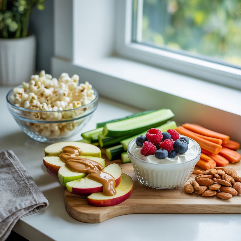 Low-calorie healthy snacks including apple slices with peanut butter, Greek yogurt with berries, cucumber sticks, carrot sticks, almonds, and popcorn on a kitchen counter.