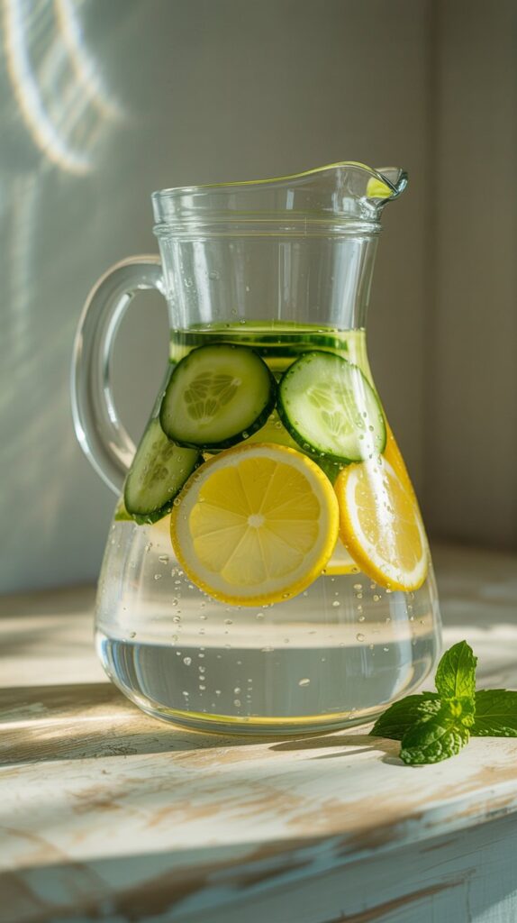 Glass jug of detox water with cucumber and lemon slices on a rustic wooden table. 7 Best Detox Water Recipes for Weight Loss & Energy