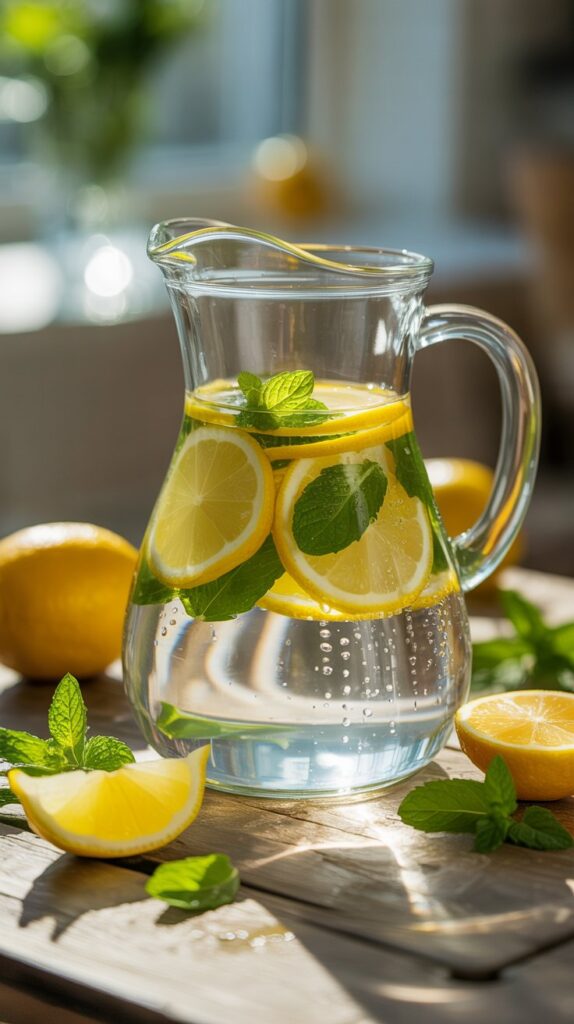 Glass jug of detox water with fresh lemon slices and mint leaves on a wooden table. 7 Best Detox Water Recipes for Weight Loss & Energy