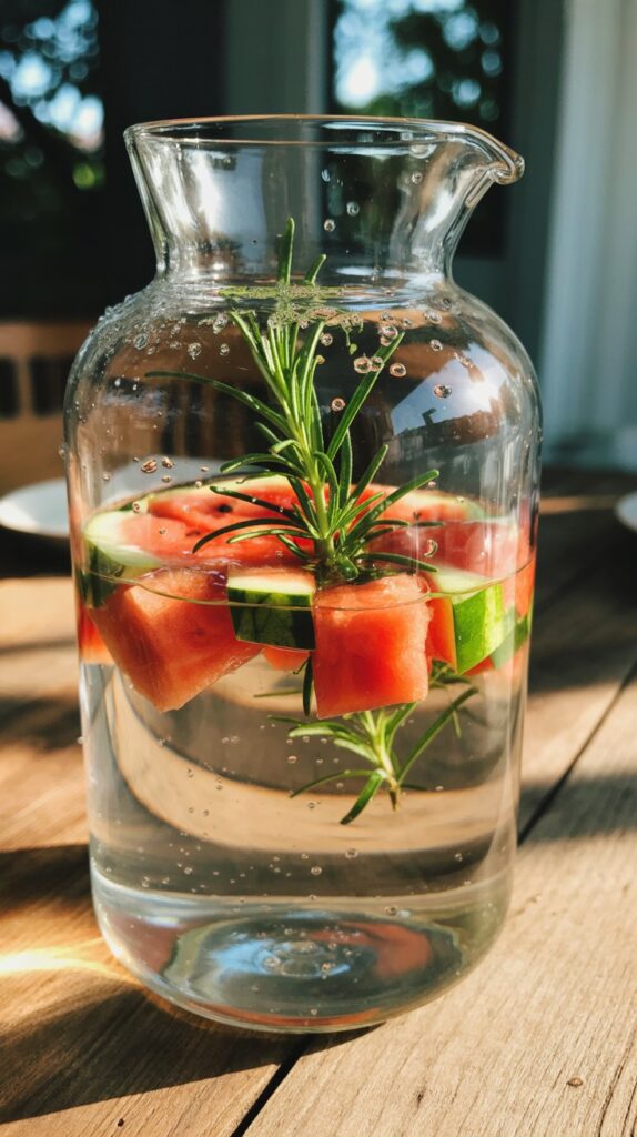 Glass jug of detox water with watermelon cubes, cucumber slices, and rosemary sprigs on a wooden table. 7 Best Detox Water Recipes for Weight Loss & Energy