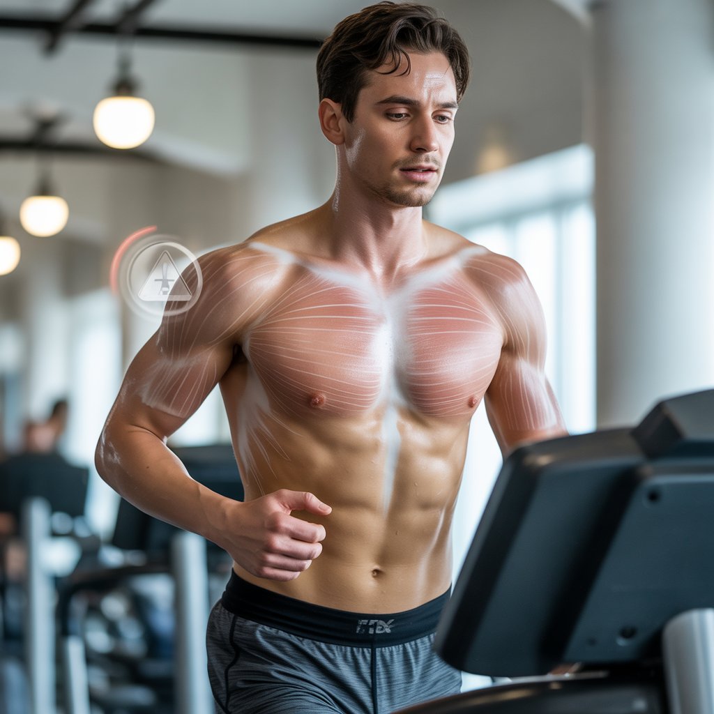 Fit man running on a treadmill in the gym with highlighted chest and arm muscles, representing cardio training and muscle activation.