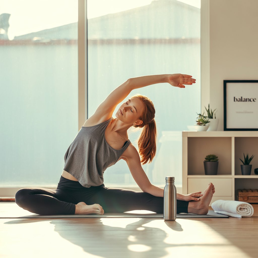 Fit young woman performing easy HIIT workout a seated side stretch yoga pose on a mat in a sunlit home studio.