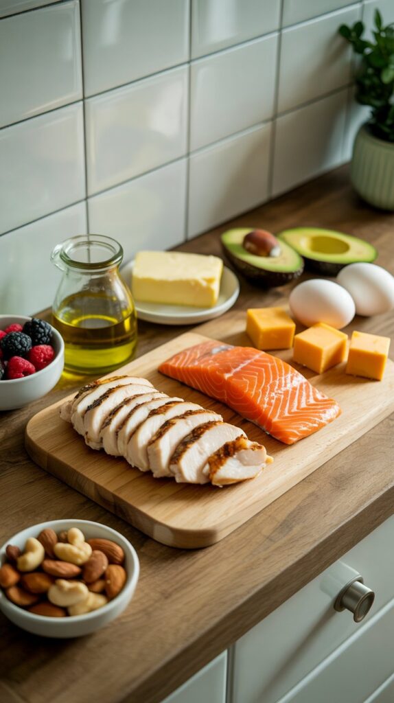 Sliced grilled chicken breast, salmon fillet, cheese cubes, eggs, avocado, nuts, olive oil, and berries arranged on a kitchen counter.