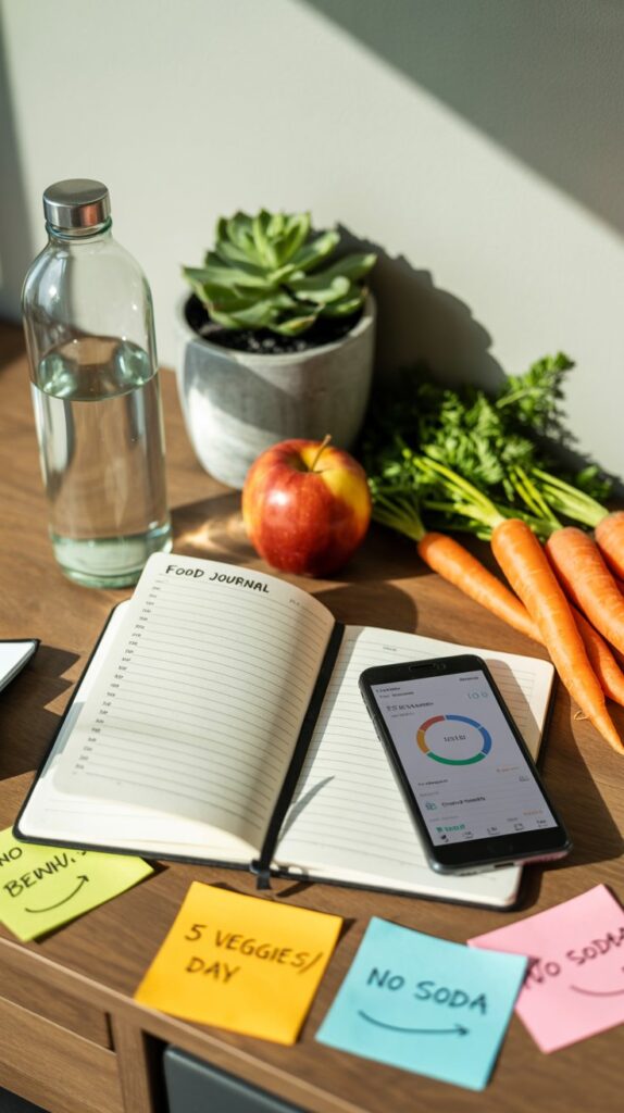 Food journal open on a desk with a smartphone showing a calorie tracking app, fresh apple and carrots, water bottle, and sticky notes with health goals like “5 veggies/day” and “No soda.”