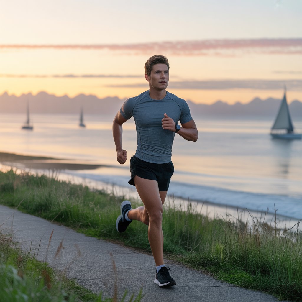 Man jogging on a seaside path at sunrise with sailboats in the background, representing fitness and healthy living. Fasted Cardio Benefits
