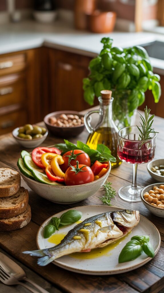 Mediterranean meal on a rustic wooden table with grilled fish, salad, bread, olive oil, chickpeas, olives, nuts, and red wine.
