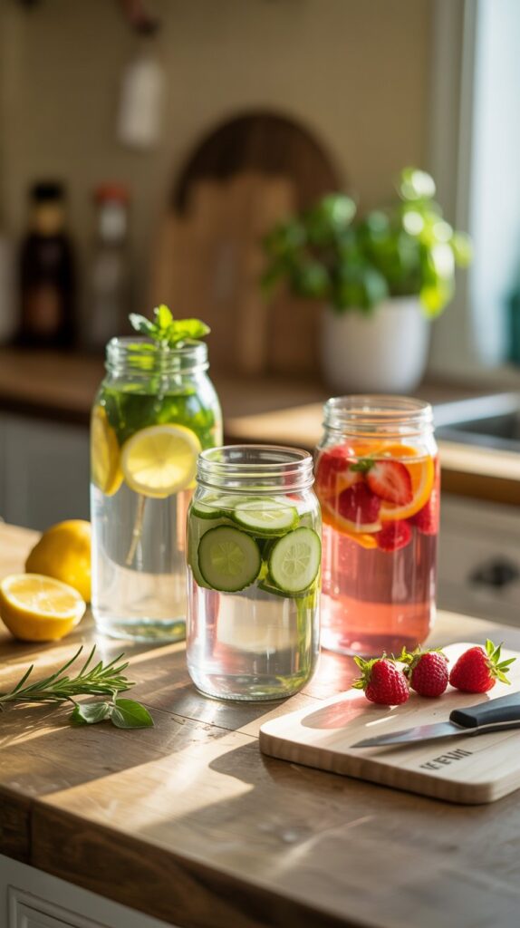 Glass jars of infused water with lemon, cucumber, and strawberry on a wooden kitchen counter. water detox recipes