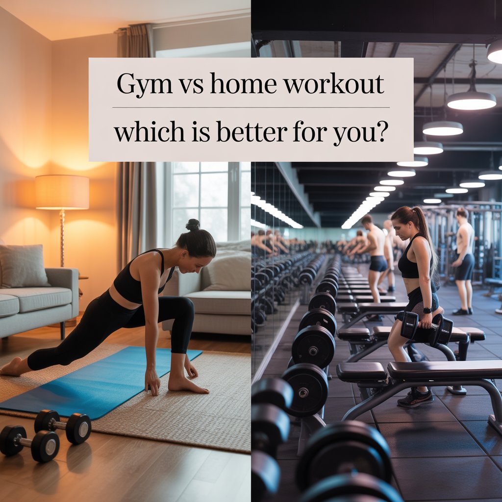 A split-screen image showing a woman exercising at home on a yoga mat with dumbbells and another woman lifting weights in the gym, highlighting the comparison between home workouts and gym workouts.”