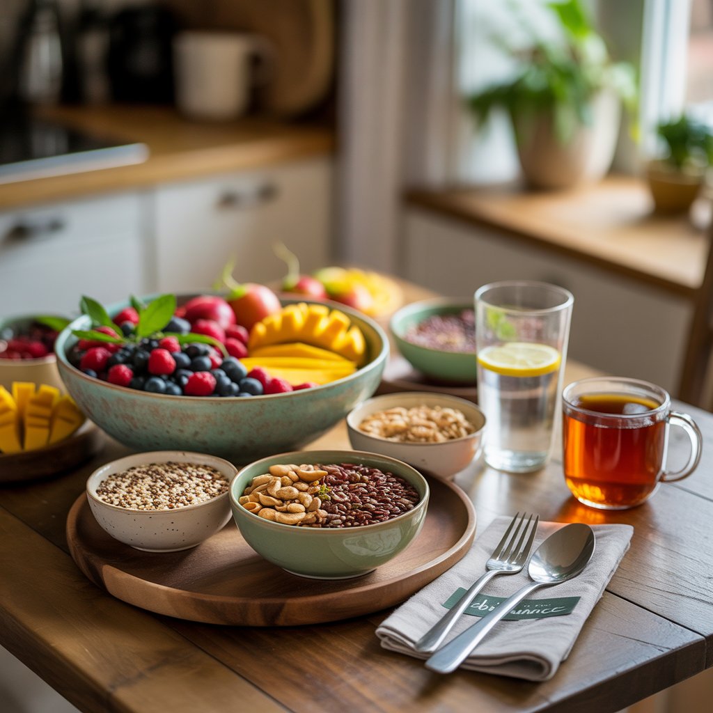 Healthy breakfast setup with fresh fruits, nuts, seeds, herbal tea, and lemon water on a wooden table in a bright kitchen. Plant-Based Diet for Weight Loss