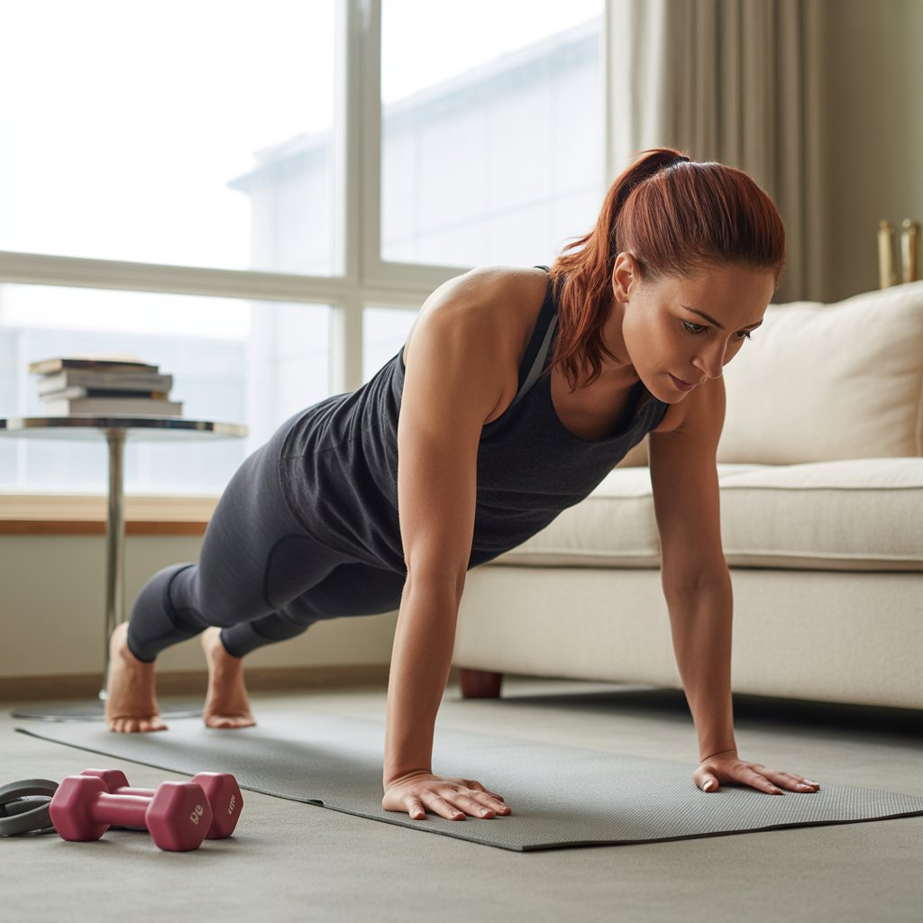 A woman with auburn hair performing a plank exercise on a yoga mat at home with dumbbells nearby