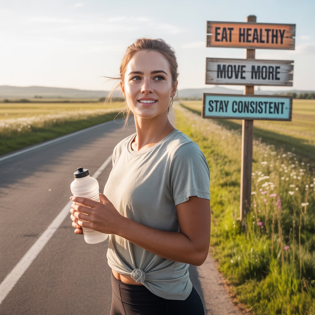 A young woman holding a water bottle on a rural road, with motivational signs in the background reading “Eat Healthy,” “Move More,” and “Stay Consistent.” Weight Loss Tips for Beginners