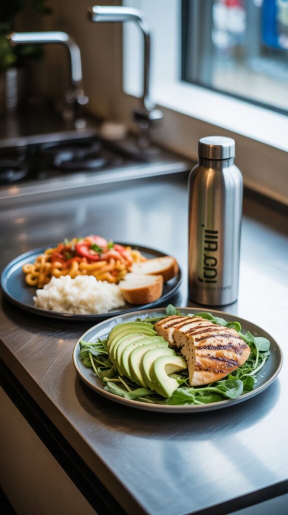 Two balanced meals on a kitchen counter featuring grilled chicken with avocado slices on a bed of greens, alongside a plate with pasta, rice, and bread, plus a stainless steel water bottle. Carb Cycling Diet